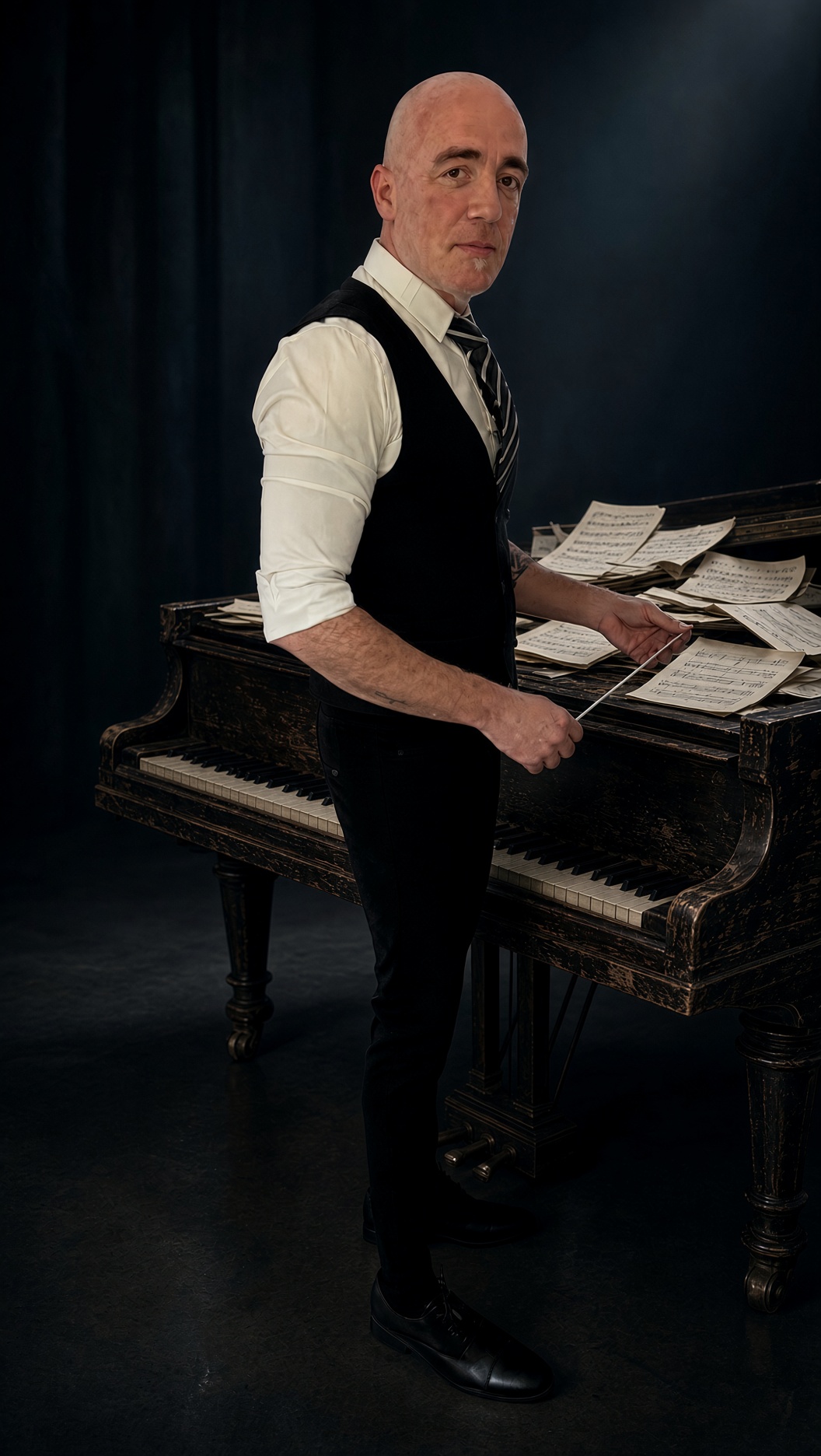 Idan Sharon at a grand piano, holding a conductor's baton over scattered sheet music